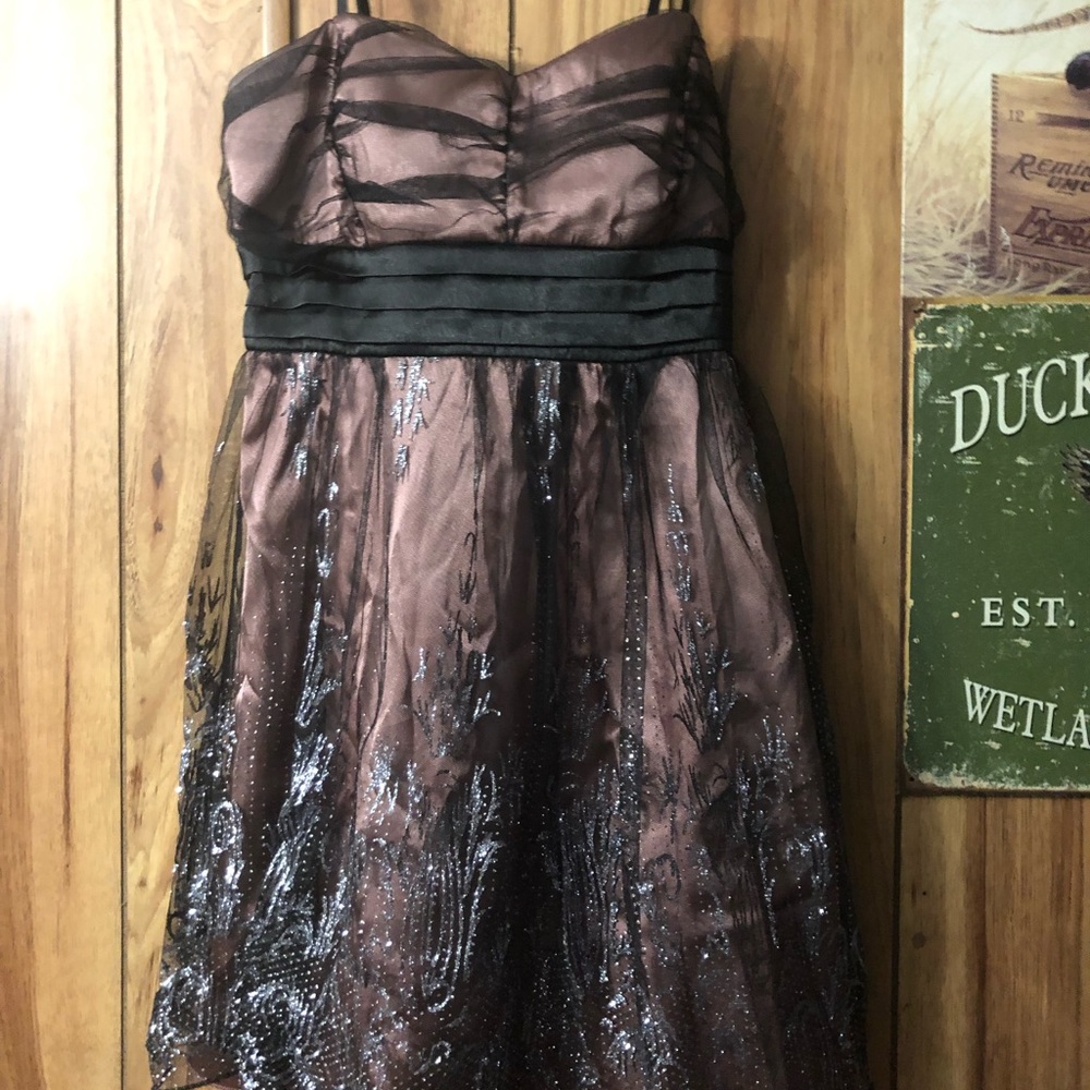 Brown and silver dress, with spaghetti straps.